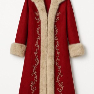 May include: A long, deep red coat featuring a thick, beige faux fur trim along the collar, front opening, cuffs, and hem. The coat is decorated with intricate, symmetrical gold-colored embroidery patterns running vertically along the front panels.
