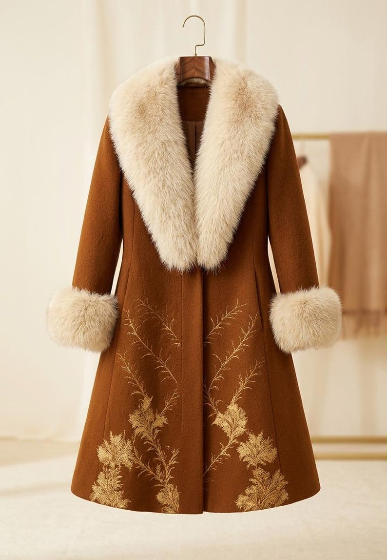 May include: A long brown coat featuring a large cream-colored faux fur collar and matching faux fur cuffs on the sleeves. The lower portion of the coat is decorated with intricate gold-toned embroidery depicting delicate floral and leaf patterns.