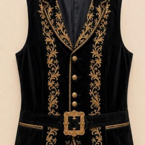 May include: A black velvet vest featuring intricate gold embroidery along the lapels and front panels. The garment includes four round gold buttons and a prominent rectangular gold buckle at the waist, with gold trim detailing the pockets.