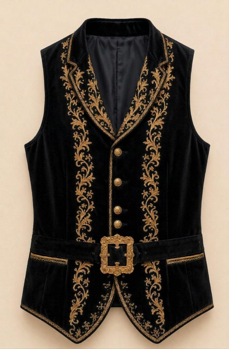 May include: A black velvet vest featuring intricate gold embroidery along the lapels and front panels. The garment includes four round gold buttons and a prominent rectangular gold buckle at the waist, with gold trim detailing the pockets.