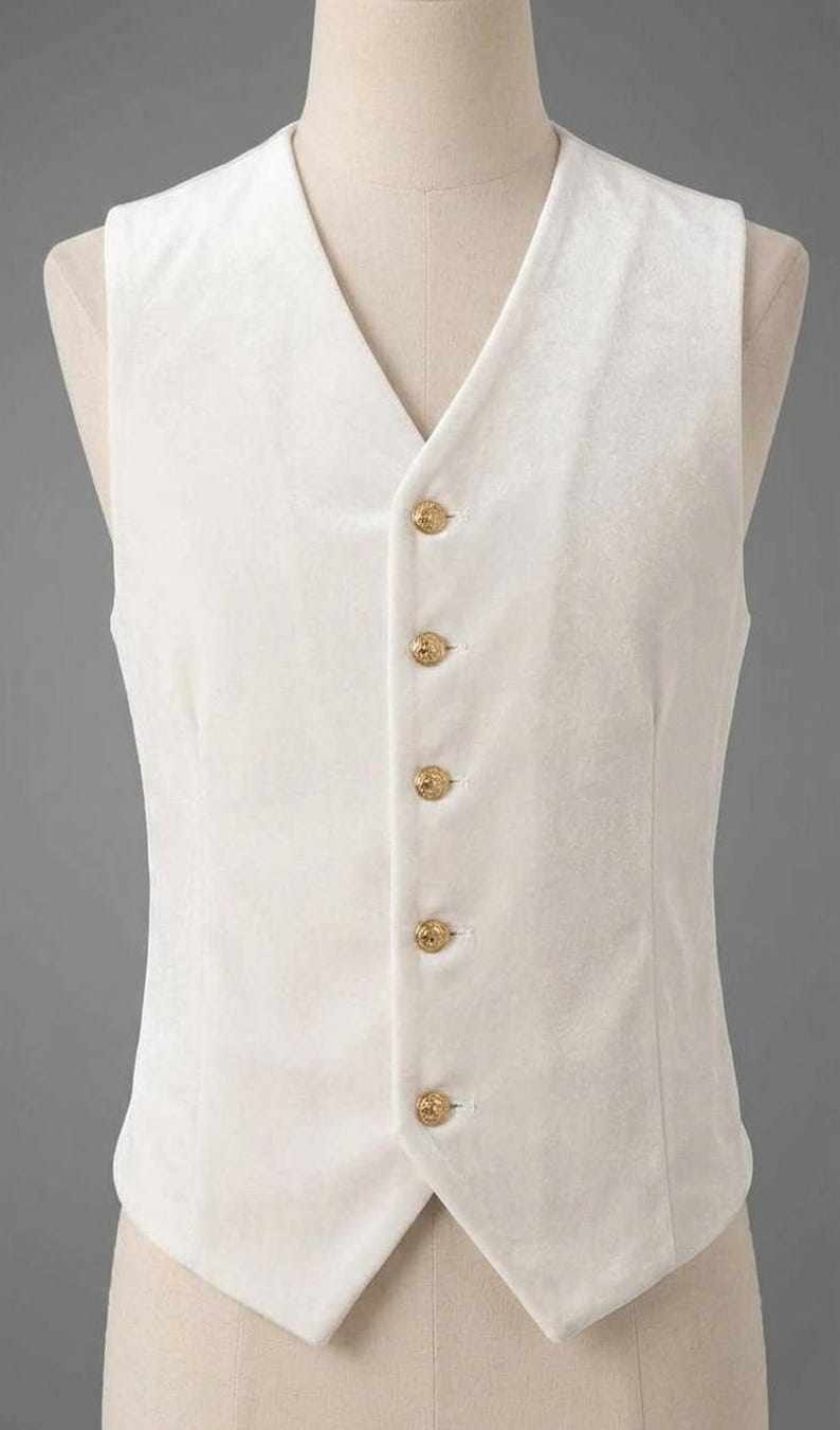 May include: A white velvet vest featuring a V-neckline and five gold-toned buttons down the front. The garment is sleeveless with a pointed hemline, showcasing a smooth, soft-textured fabric finish on a mannequin torso.