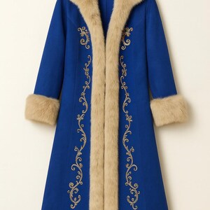 May include: A long, royal blue coat featuring a thick, beige faux fur collar, cuffs, and hem. The front panels are decorated with intricate gold embroidery in a scrolling vine pattern, extending from the neckline down to the lower hem.