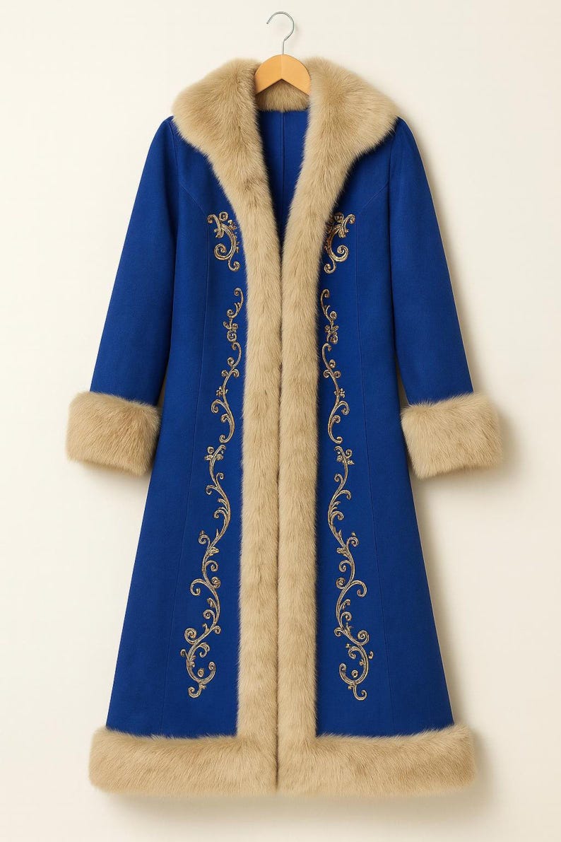 May include: A long, royal blue coat featuring a thick, beige faux fur collar, cuffs, and hem. The front panels are decorated with intricate gold embroidery in a scrolling vine pattern, extending from the neckline down to the lower hem.