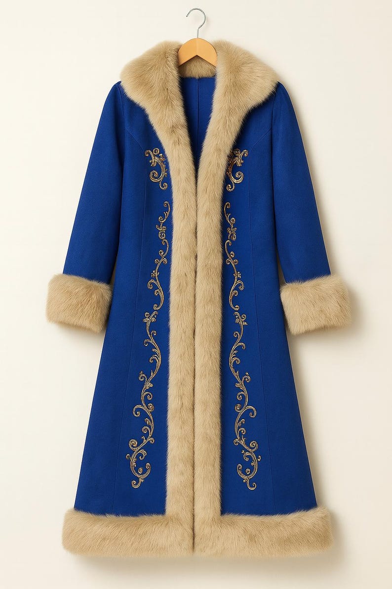 May include: A long, royal blue coat featuring a thick, beige faux fur trim along the collar, front opening, cuffs, and hem. The coat is decorated with intricate gold-colored embroidery in a swirling floral pattern along the front panels.