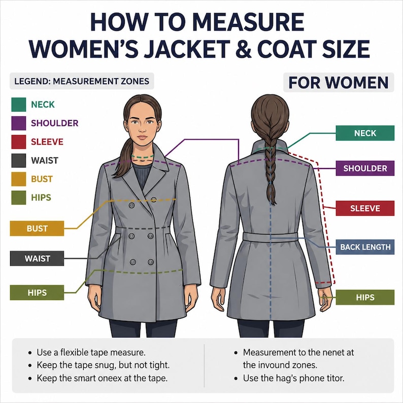 May include: An instructional diagram titled HOW TO MEASURE JACKET & COAT SIZE showing front and back views of a grey double-breasted coat. Color-coded lines and labels indicate measurement zones for neck, shoulder, sleeve, waist, bust, and hips.