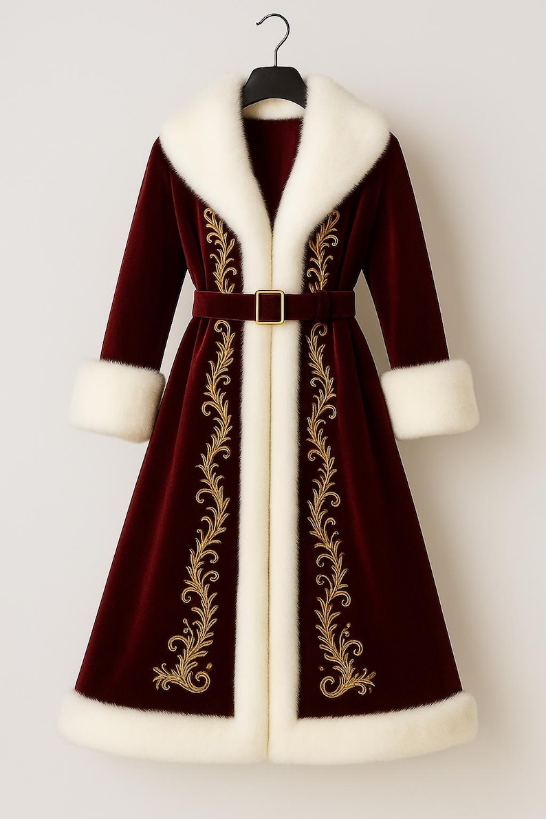 May include: A long, deep burgundy velvet coat featuring a thick white faux fur collar and cuffs. The coat is adorned with intricate gold embroidery along the front panels and includes a matching velvet belt with a gold-toned rectangular buckle.
