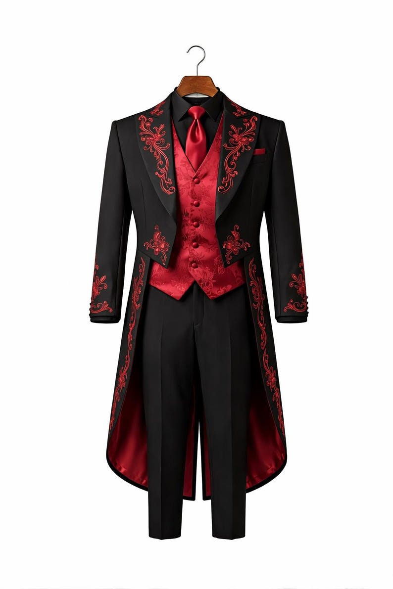 May include: A black formal suit with red detailing. The suit includes a waistcoat, tie, and decorative embroidery. The jacket is a tailcoat style, and the trousers match. Ideal for special events.