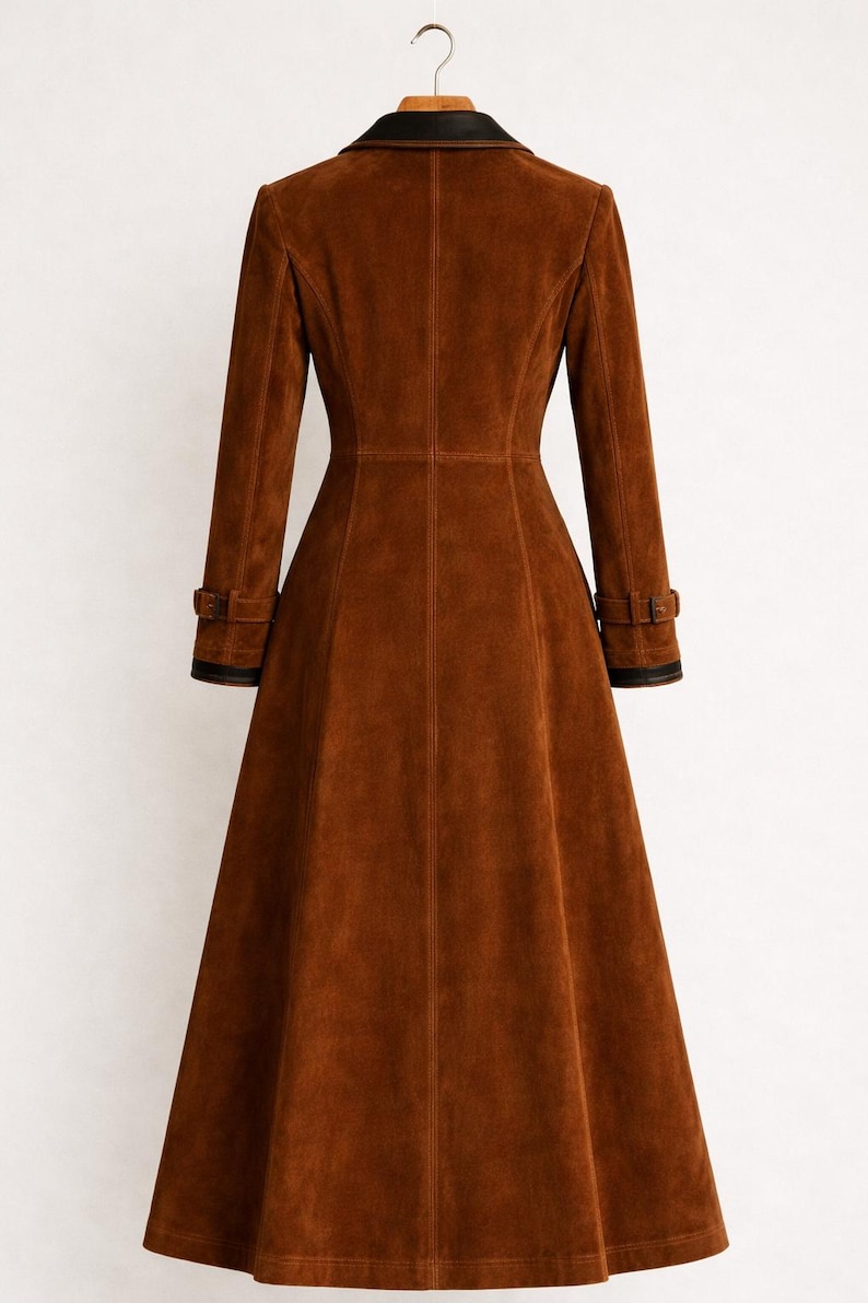 Women Vintage Brown Suede Coat, Long Lapel Collar Overcoat image 2