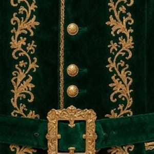 May include: A dark green velvet vest featuring intricate gold embroidery in a scrolling leaf pattern. The garment includes a row of four round gold buttons and a wide matching green velvet belt secured with a large, ornate rectangular gold buckle.