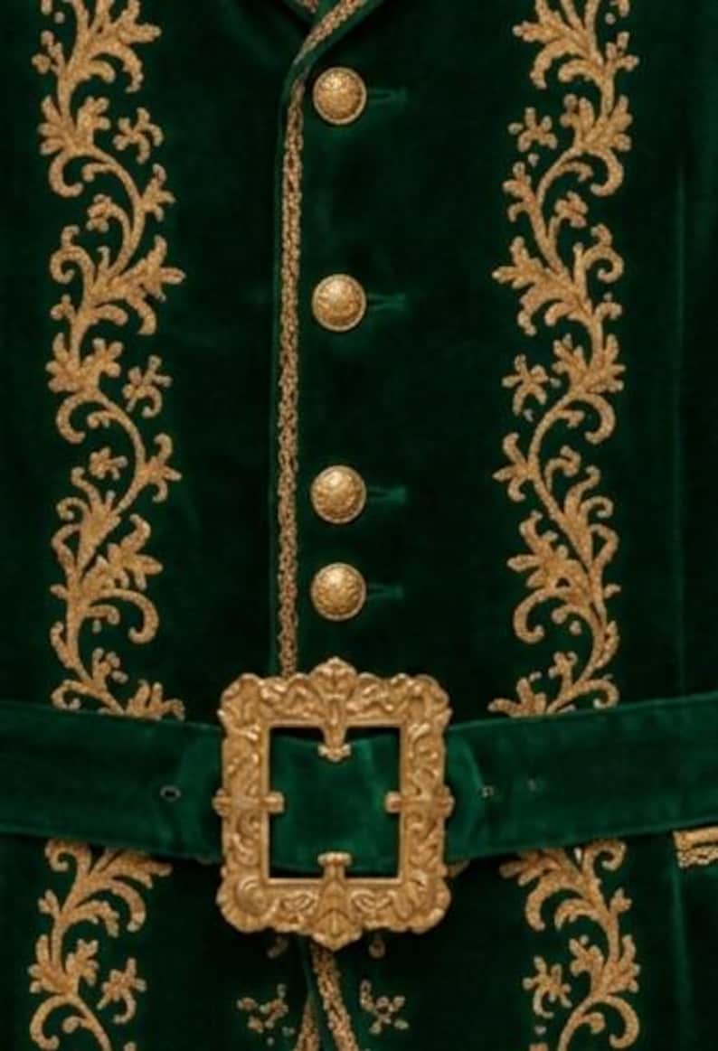 May include: A dark green velvet vest featuring intricate gold embroidery in a scrolling leaf pattern. The garment includes a row of four round gold buttons and a wide matching green velvet belt secured with a large, ornate rectangular gold buckle.