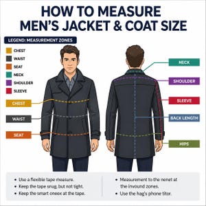 May include: An instructional infographic titled HOW TO MEASURE MEN'S JACKET & COAT SIZE. It displays front and back views of a dark coat with dashed lines indicating measurement zones for chest, waist, seat, neck, shoulder, sleeve, back length, and hips.