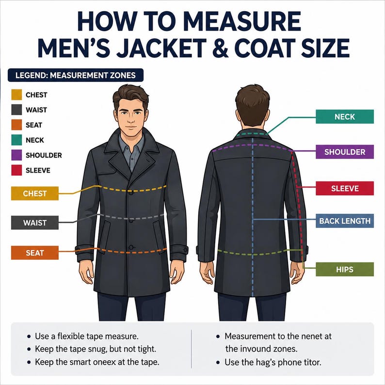 May include: An instructional infographic titled HOW TO MEASURE MEN'S JACKET & COAT SIZE. It displays front and back views of a dark coat with dashed lines indicating measurement zones for chest, waist, seat, neck, shoulder, sleeve, back length, and hips.