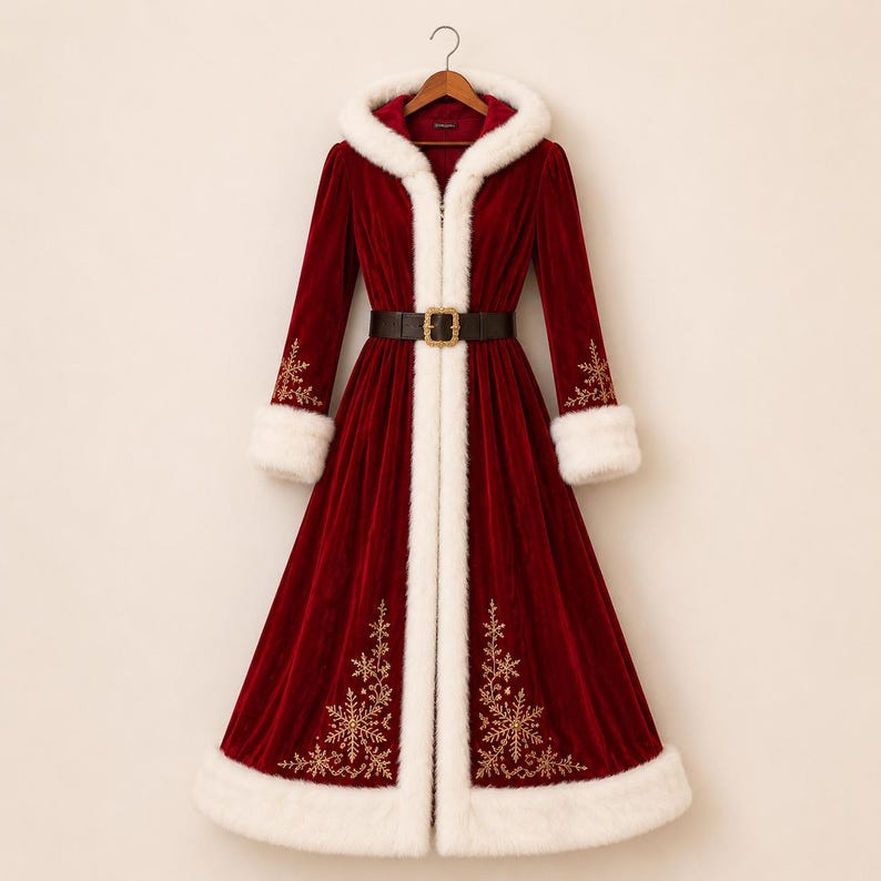 May include: A floor-length deep red velvet coat featuring a white faux fur hood and trim along the front opening and cuffs. The coat includes long sleeves, a black belt with a gold-toned buckle at the waist, and gold embroidered snowflake patterns.