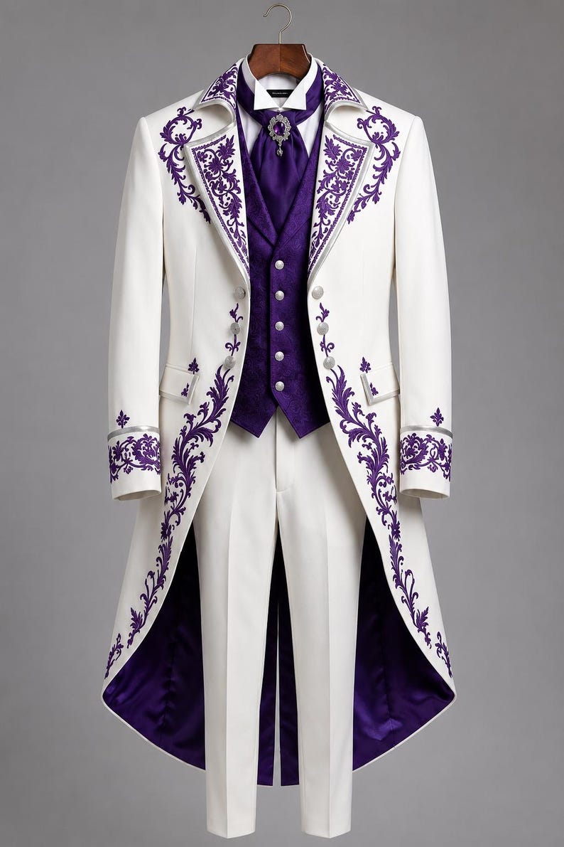 May include: A white tailcoat suit featuring intricate purple floral embroidery on the lapels and cuffs, paired with a deep purple vest, a white collared shirt, a purple cravat with a central jewel, and matching white trousers with a purple lining.