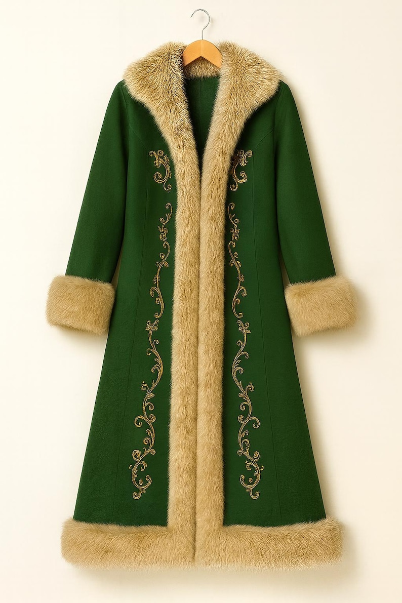 May include: A long, forest green coat featuring a thick, beige faux fur trim along the front opening, collar, and cuffs. The coat is decorated with intricate gold embroidery patterns running vertically down the front panels on both sides.