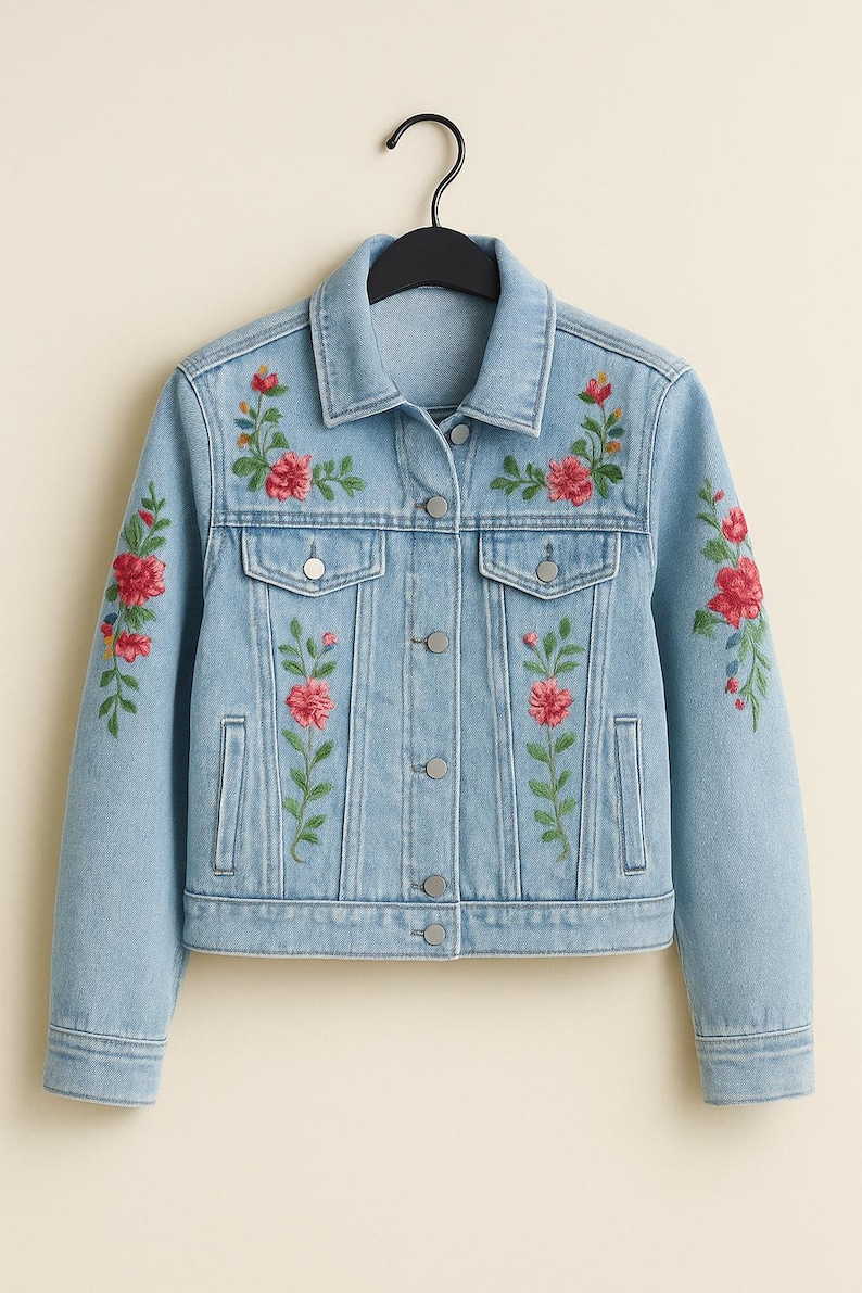 May include: Pale blue denim jacket with floral embroidery. The jacket features red and pink embroidered flowers and green leaves on the front and sleeves. It has a classic collar, button closure, and two front pockets.