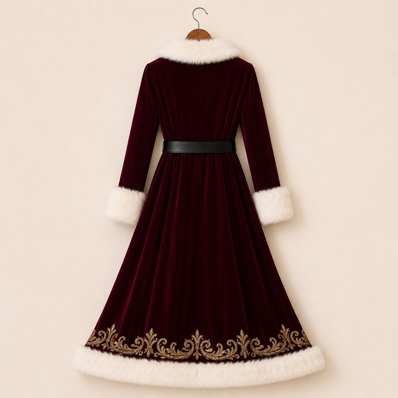 May include: A long-sleeved, floor-length burgundy velvet coat featuring a white faux fur collar and matching white faux fur cuffs. The coat includes a black belt at the waist and a gold embroidered scroll pattern along the bottom hemline.