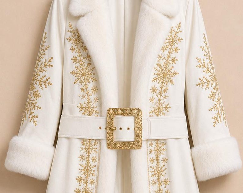 Op de afbeelding: Een witte jas met lange mouwen, witte imitatiebont manchetten en een bijpassende kraag van imitatiebont. De jas is versierd met goudkleurige geborduurde sneeuwvlokpatronen op de voorzijde en mouwen, en heeft een witte riem met een grote gouden gesp.