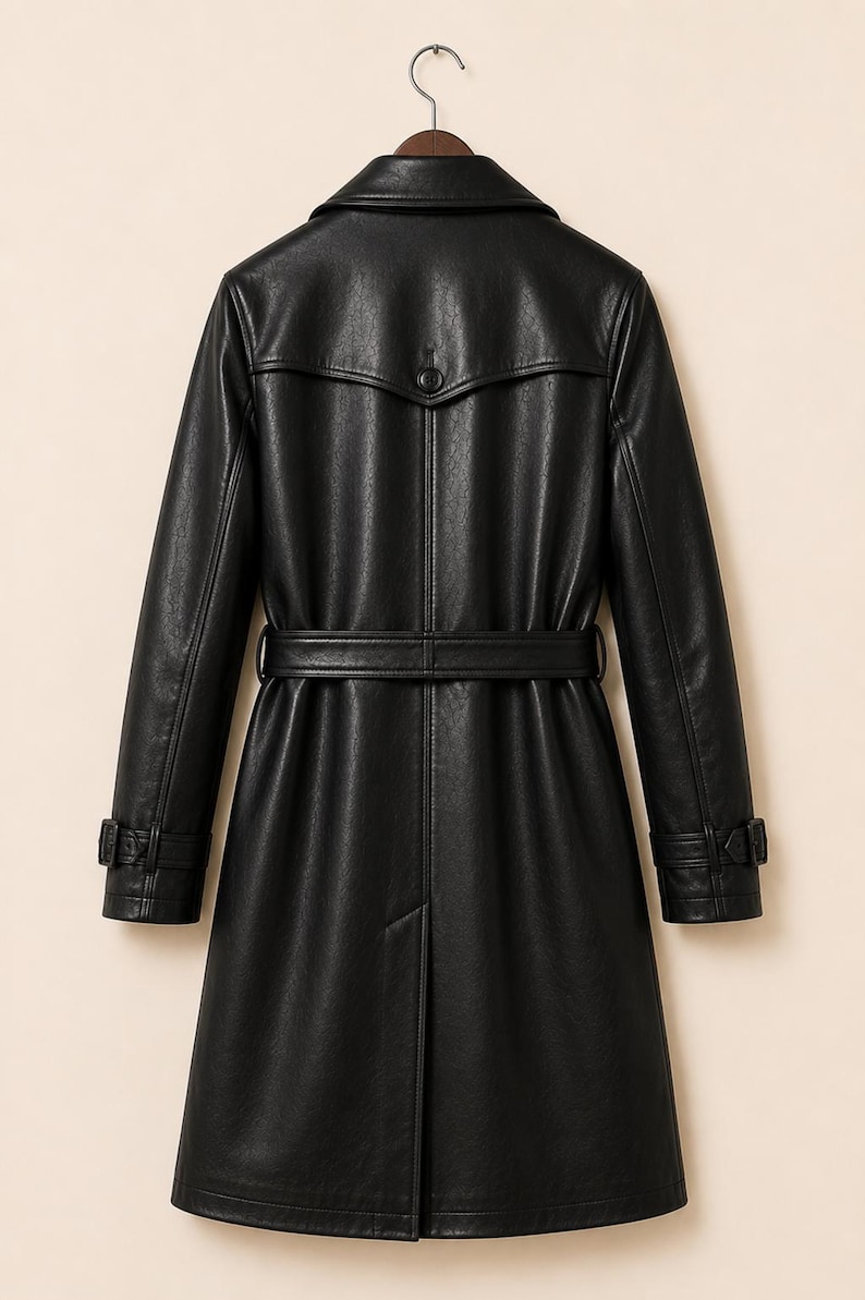 May include: A black trench coat featuring a collared neckline, long sleeves with buckled cuffs, a belted waist, and a back storm flap with a single button. The coat has a smooth, textured finish and a central vertical seam extending to the hem.