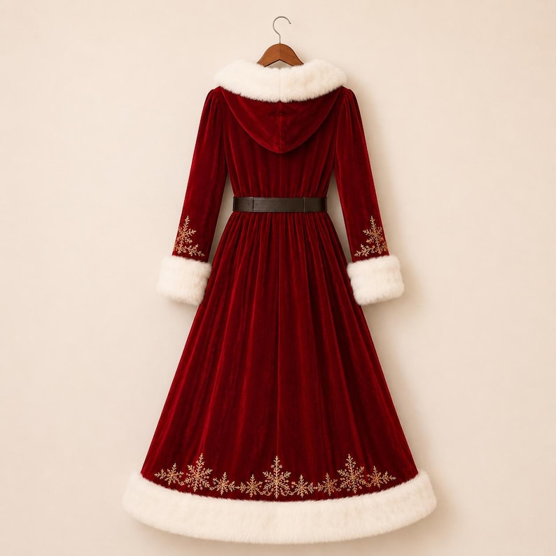 May include: A floor-length deep red velvet dress featuring a hood with white faux fur trim, long sleeves with white faux fur cuffs, a black belt at the waist, and gold embroidered snowflake patterns on the sleeves and the bottom hem.