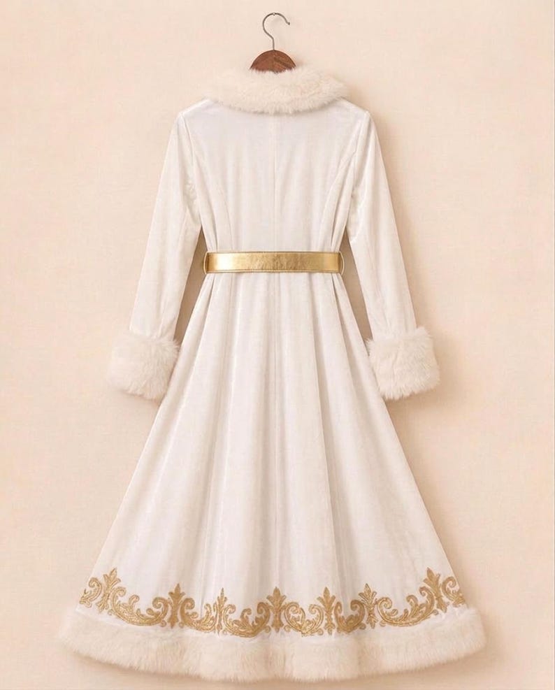 May include: A long white coat featuring a faux fur collar and cuffs, a metallic gold belt at the waist, and a gold embroidered pattern along the bottom hem. The coat has long sleeves and a flared skirt, presented on a wooden hanger.
