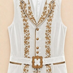 May include: A white vest featuring gold embroidery along the lapels and front panels. The garment includes four gold-toned buttons down the center and a decorative gold-toned rectangular buckle at the waist, with gold trim along the hem and pockets.