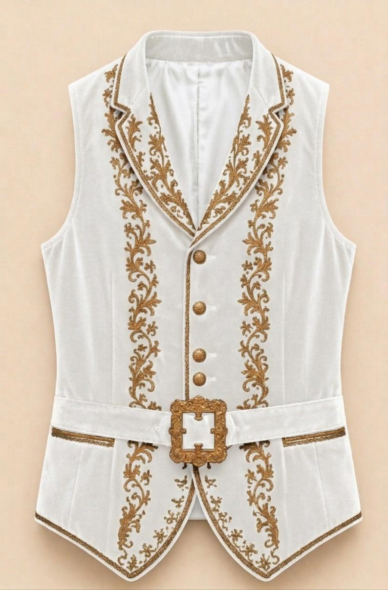 May include: A white vest featuring gold embroidery along the lapels and front panels. The garment includes four gold-toned buttons down the center and a decorative gold-toned rectangular buckle at the waist, with gold trim along the hem and pockets.