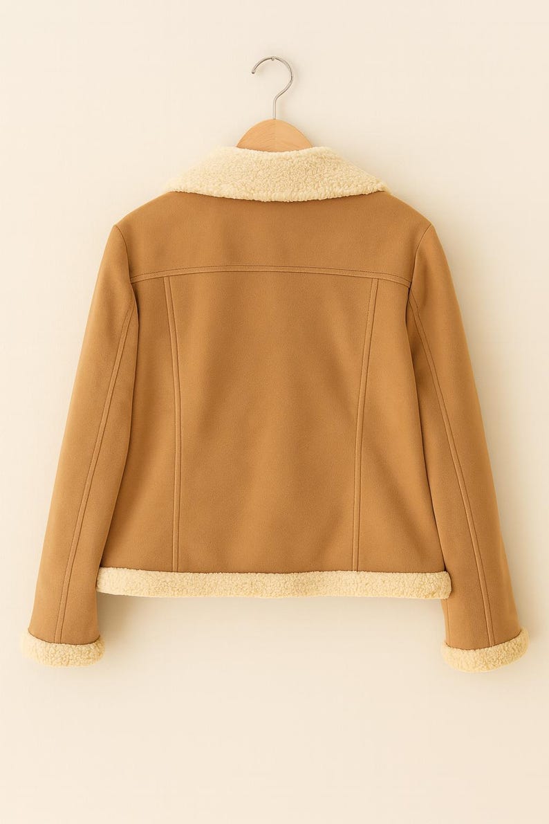 May include: A tan jacket with a cream-colored shearling collar and trim. The jacket is hanging on a wooden hanger against a light beige background. The back of the jacket is visible, showing seams and a classic design.