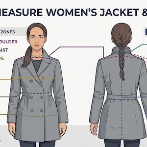 May include: An instructional diagram titled HOW TO MEASURE JACKET & COAT SIZE, showing front and back views of a figure in a grey double-breasted coat. Color-coded lines and labels indicate measurement zones for neck, shoulder, sleeve, bust, waist, and hips.