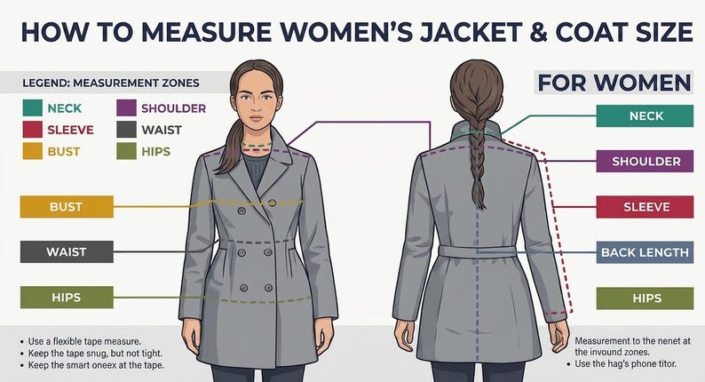 May include: An instructional diagram titled HOW TO MEASURE JACKET & COAT SIZE, showing front and back views of a figure in a grey double-breasted coat. Color-coded lines and labels indicate measurement zones for neck, shoulder, sleeve, bust, waist, and hips.