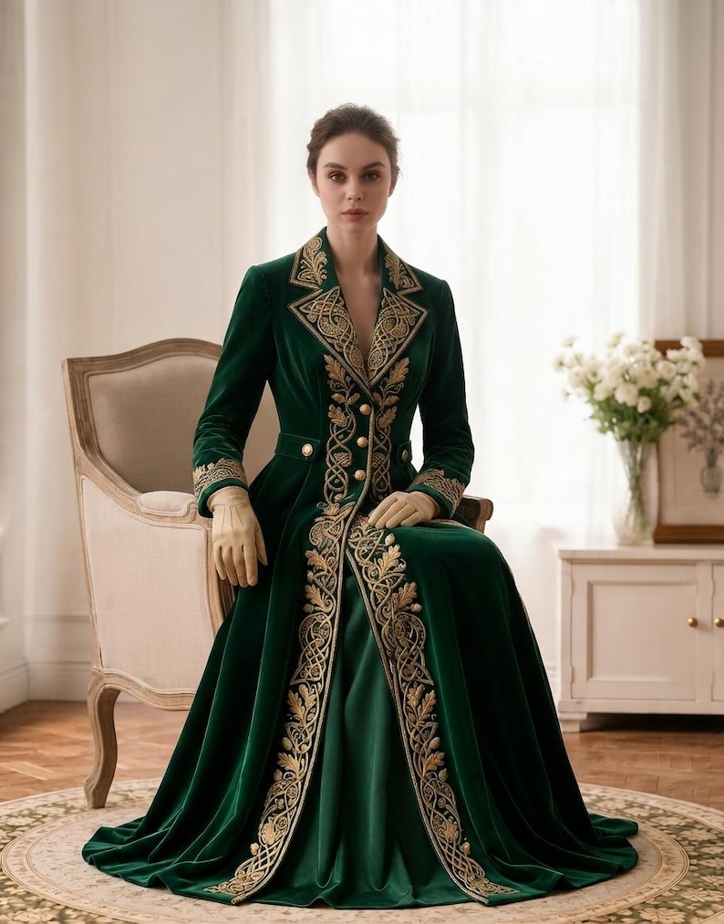 May include: A floor-length dark green velvet coat featuring long sleeves, a notched lapel, and gold embroidery along the front opening and cuffs. The garment includes a fitted waist with gold buttons and a full, flowing skirt that reaches the floor.
