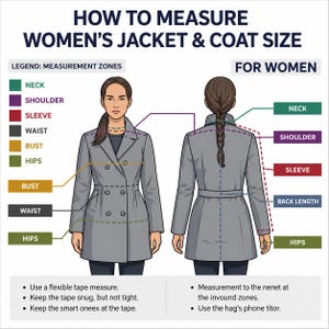 May include: An instructional diagram titled HOW TO MEASURE JACKET & COAT SIZE showing front and back views of a person wearing a grey double-breasted coat. Color-coded labels indicate measurement zones for neck, shoulder, sleeve, waist, bust, and hips.