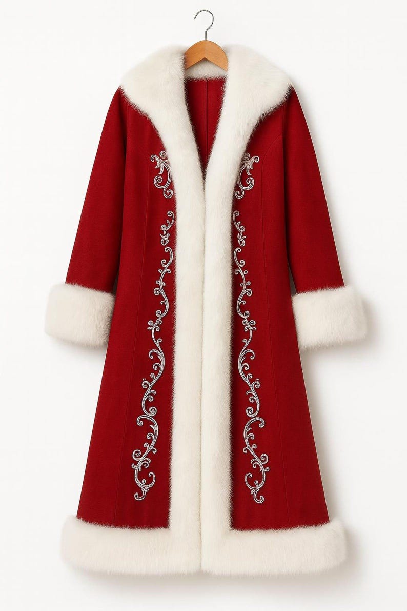 May include: A long, deep red coat featuring a thick white faux fur trim along the collar, cuffs, and hem. The front of the coat is decorated with intricate silver embroidery in a scrolling vine pattern that runs vertically along the opening.