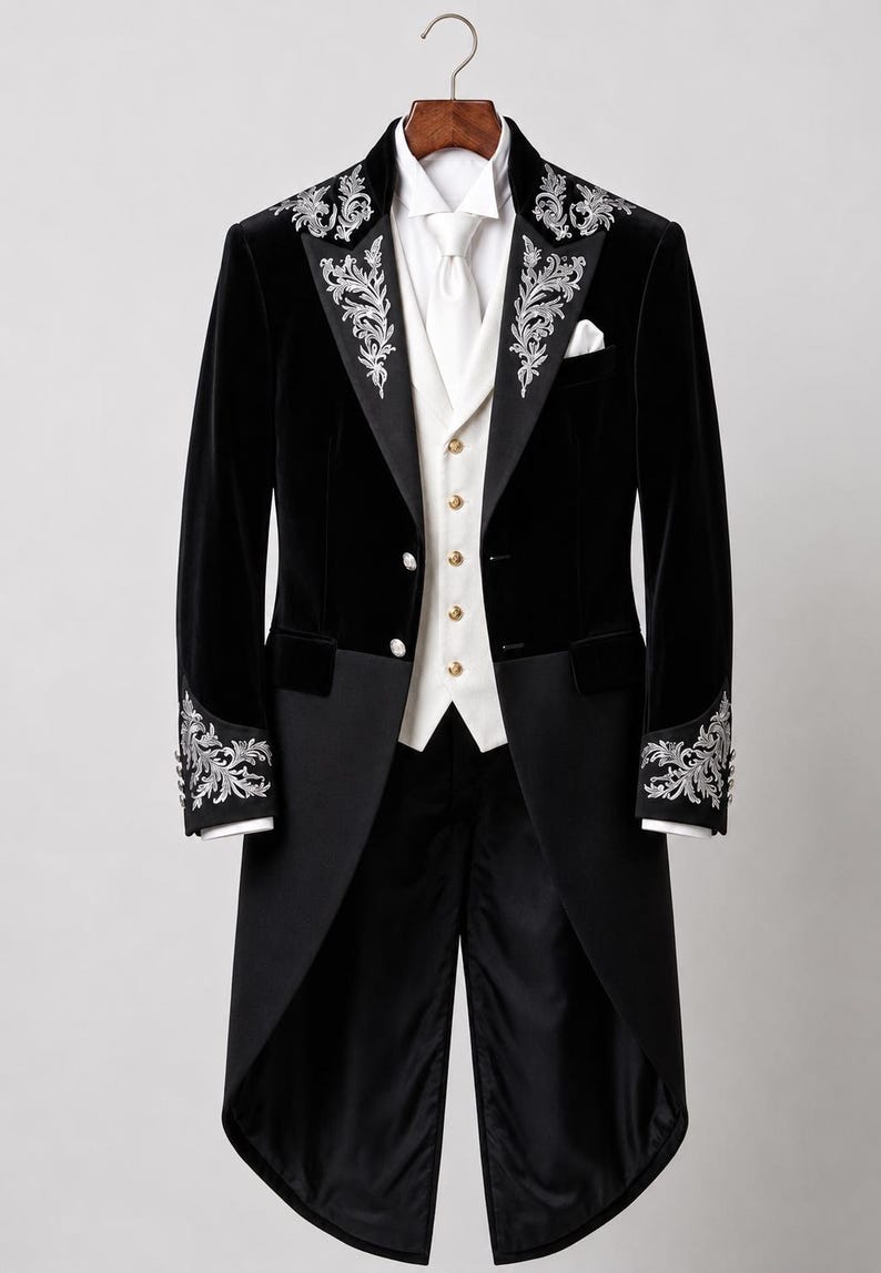 May include: A black velvet tailcoat featuring silver floral embroidery on the lapels and cuffs, paired with a white vest with gold buttons, a white dress shirt, a white necktie, and a white pocket square, all displayed on a wooden hanger.