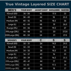 May include: A True Vintage Layered SIZE CHART featuring two distinct tables for different body types. The chart lists sizes from XSmall to XXXLarge and XXXXLarge, providing numerical measurements in inches for body, jacket chest, shoulders, and sleeves.