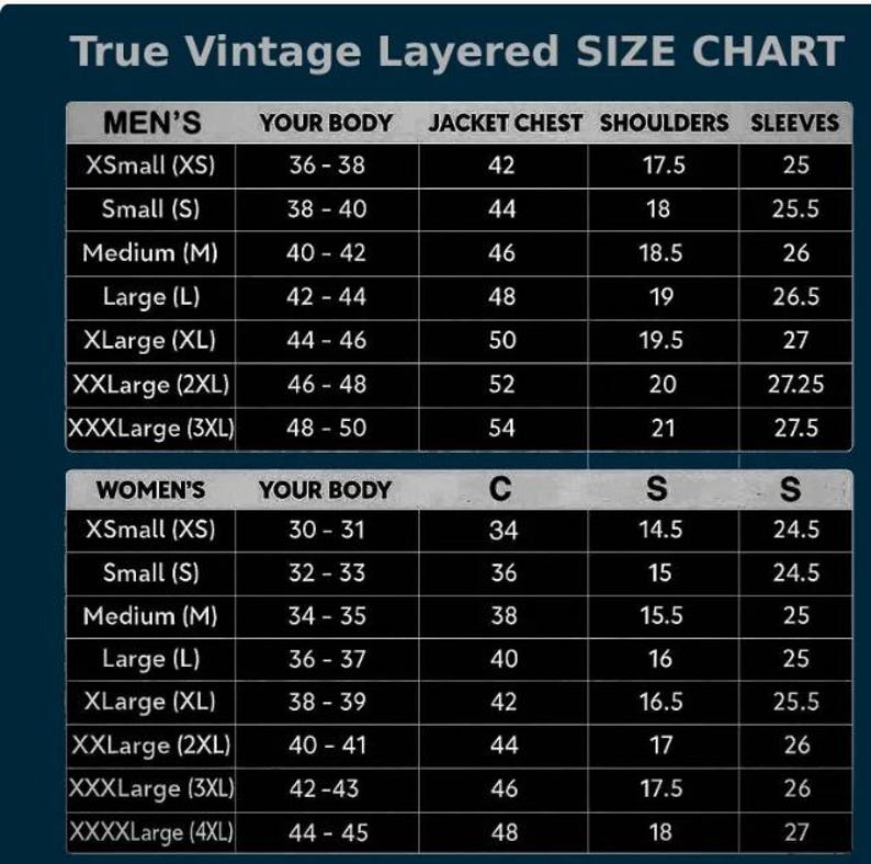 May include: A True Vintage Layered SIZE CHART featuring two distinct tables for different body types. The chart lists sizes from XSmall to XXXLarge and XXXXLarge, providing numerical measurements in inches for body, jacket chest, shoulders, and sleeves.