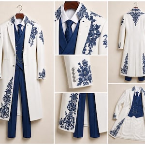 May include: A white long coat featuring dark blue floral embroidery, paired with a blue vest, blue trousers, and a white shirt with a blue tie. The coat includes silver buttons on the cuffs and a gold chain detail on the vest.