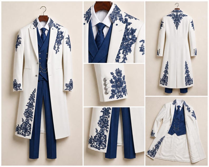 May include: A white long coat featuring dark blue floral embroidery, paired with a blue vest, blue trousers, and a white shirt with a blue tie. The coat includes silver buttons on the cuffs and a gold chain detail on the vest.