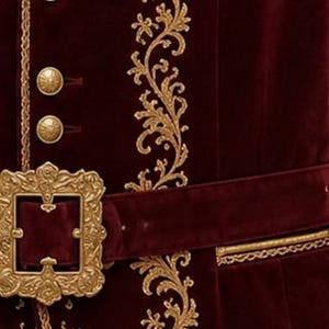 May include: A deep burgundy velvet vest featuring intricate gold embroidery in a scrolling floral pattern. The garment includes a row of round gold buttons, a matching velvet belt with a large, ornate, rectangular gold-toned metal buckle.