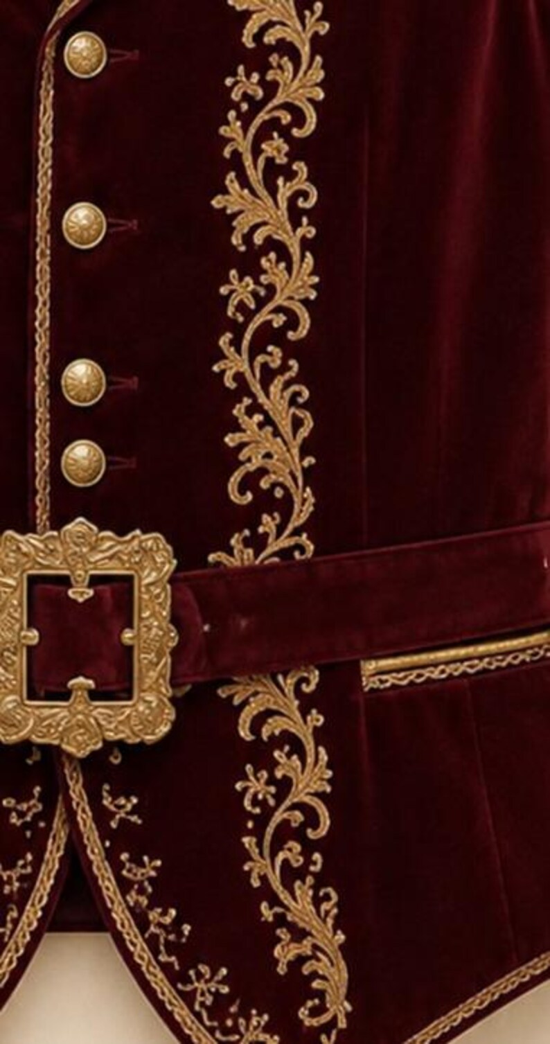 May include: A deep burgundy velvet vest featuring intricate gold embroidery in a scrolling floral pattern. The garment includes a row of round gold buttons, a matching velvet belt with a large, ornate, rectangular gold-toned metal buckle.