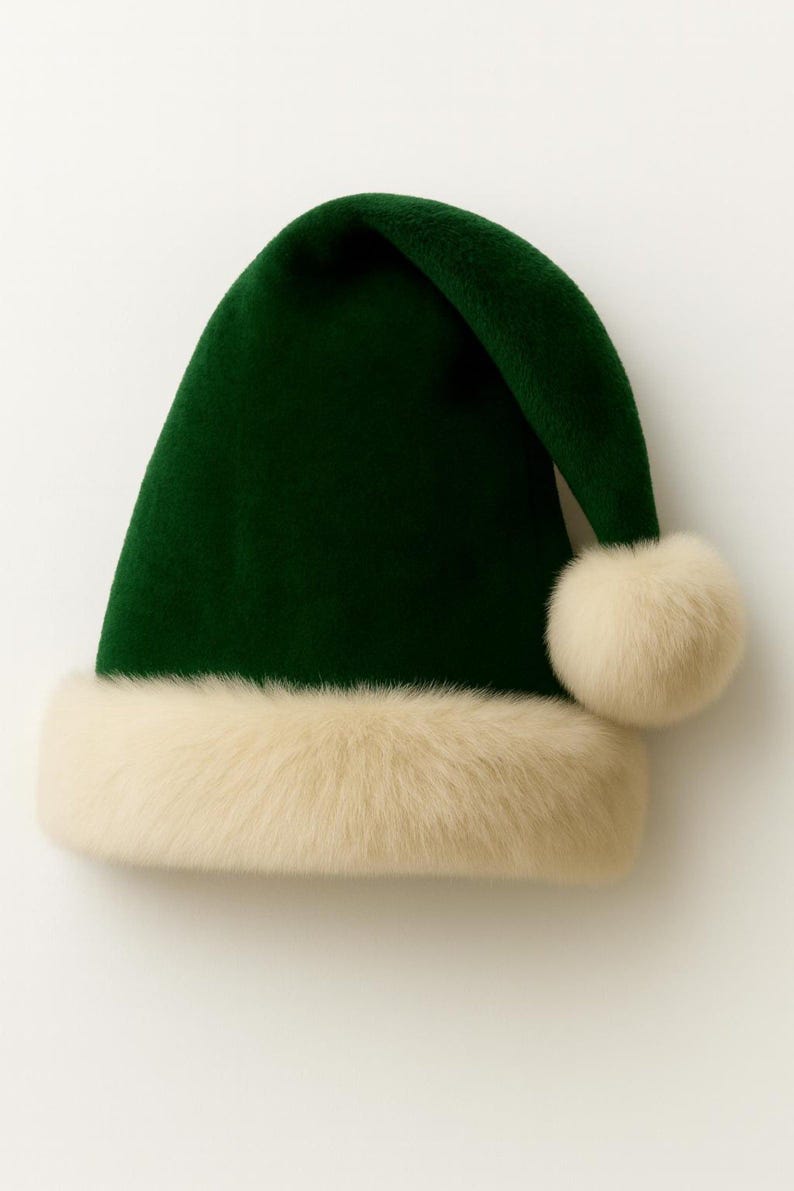 May include: A deep forest green hat with a soft, velvety texture, featuring a wide, cream-colored faux fur trim around the base and a matching cream-colored faux fur pom-pom attached to the tip of the folded-over crown.
