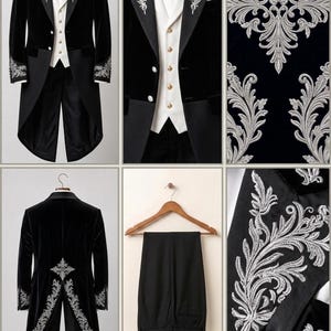 May include: A black velvet tailcoat suit featuring silver floral embroidery on the lapels and cuffs. The set includes a white vest with gold buttons, a white dress shirt, a white necktie, and black trousers with a matching embroidered tailcoat back.
