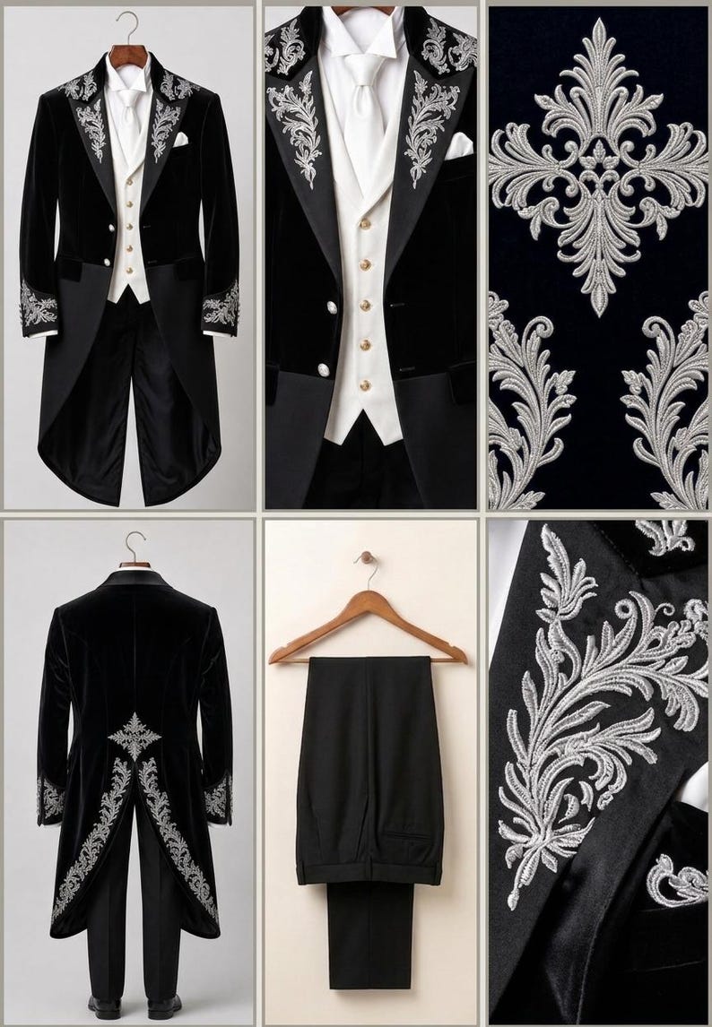 May include: A black velvet tailcoat suit featuring silver floral embroidery on the lapels and cuffs. The set includes a white vest with gold buttons, a white dress shirt, a white necktie, and black trousers with a matching embroidered tailcoat back.
