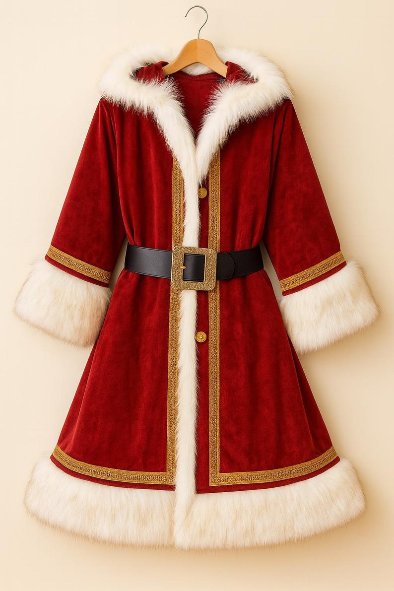 May include: A long-sleeved red velvet coat featuring a hood trimmed with white faux fur. The coat includes white faux fur cuffs and hem, gold decorative trim along the front and sleeves, and a black belt with a large, textured gold buckle.