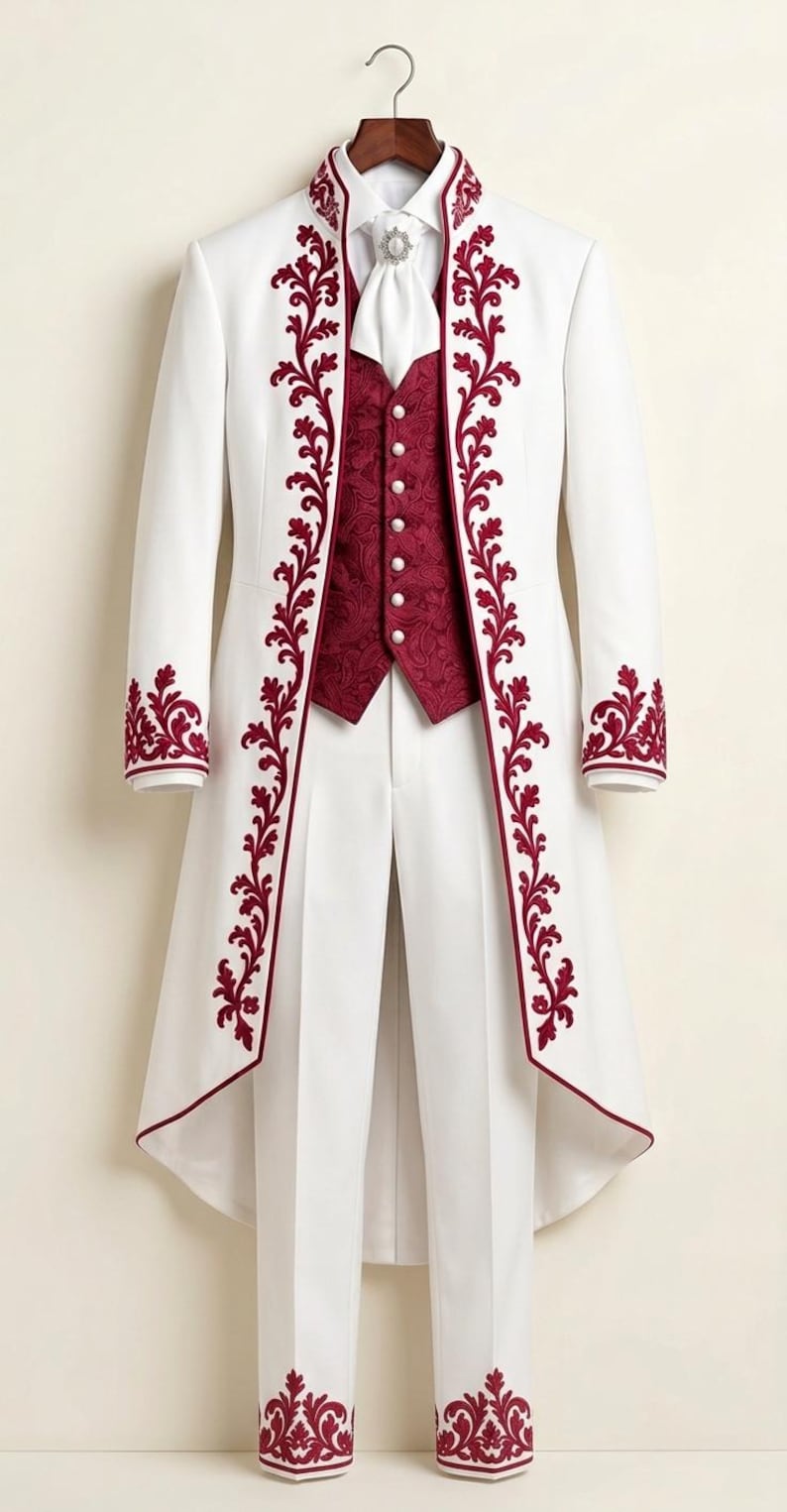 May include: A white long-coat suit featuring deep red floral embroidery along the lapels, cuffs, and hem. The ensemble includes a matching white pair of trousers, a deep red patterned waistcoat with white buttons, and a white cravat with a brooch.