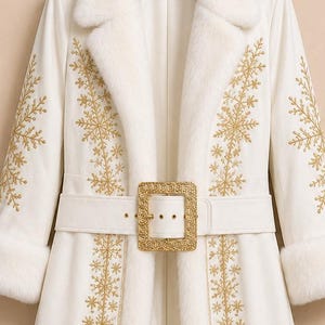 May include: A white coat featuring long sleeves with white faux fur cuffs and a matching faux fur collar. The coat is adorned with gold embroidered snowflake patterns along the front and sleeves, and includes a white belt with a large gold buckle.