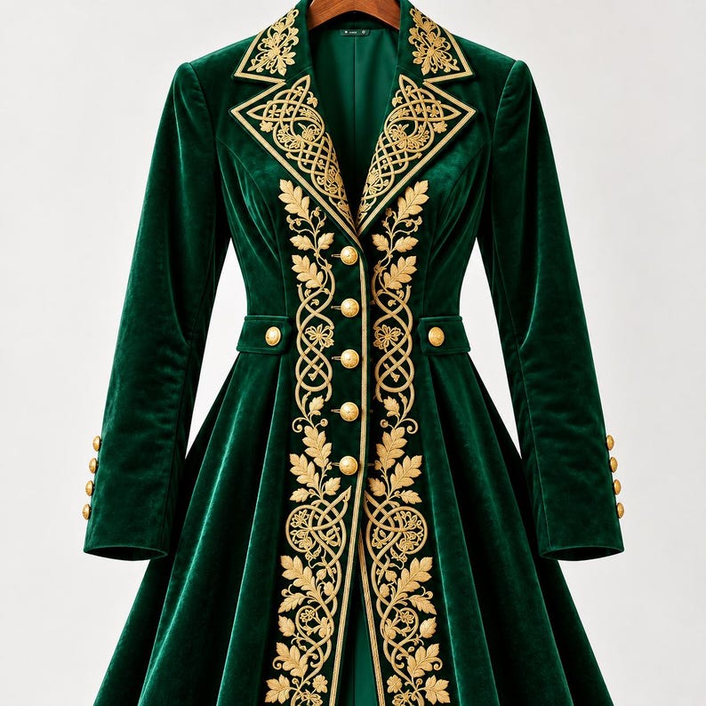 May include: A long-sleeved, dark green velvet coat featuring intricate gold embroidery along the lapels and front closure. The garment includes a series of round gold buttons down the center, at the waist, and on the cuffs, with a structured collar.