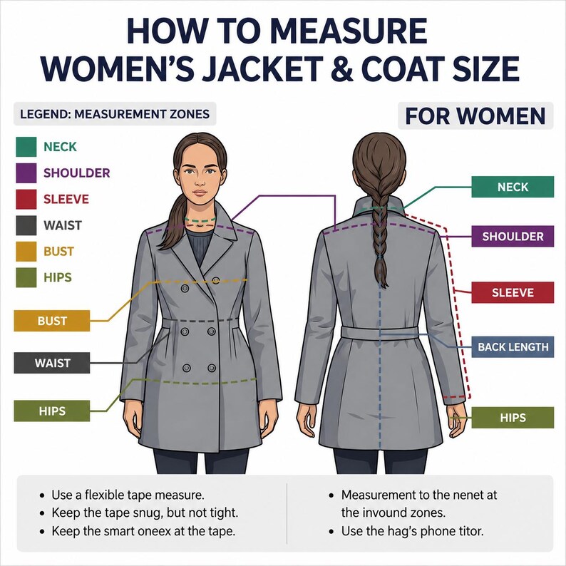 May include: An instructional diagram titled HOW TO MEASURE JACKET & COAT SIZE showing front and back views of a person wearing a grey double-breasted coat. Color-coded labels indicate measurement zones for neck, shoulder, sleeve, waist, bust, and hips.