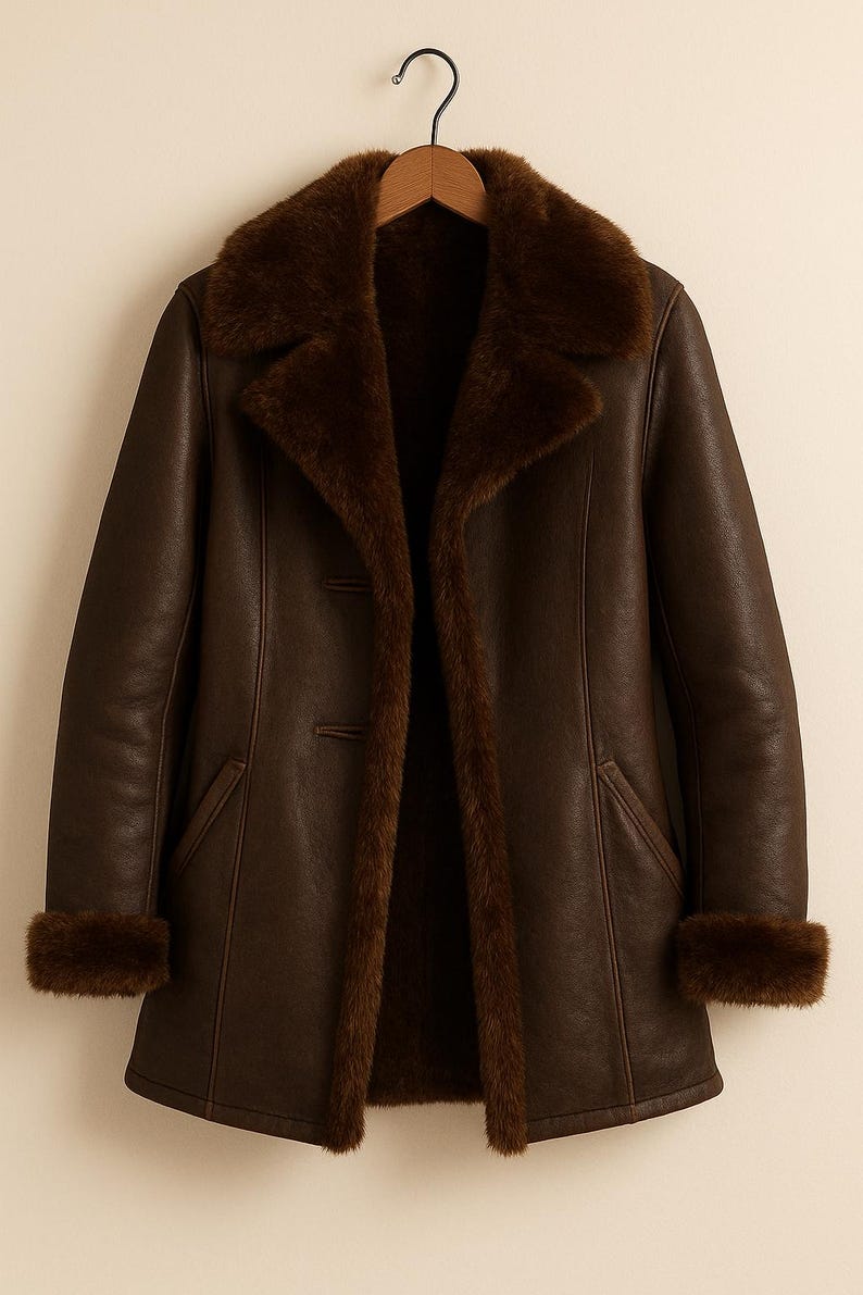 May include: A brown leather coat with a faux fur collar, cuffs, and interior lining. The coat has a classic design with two front pockets and a two-button closure. The coat is hanging on a wooden hanger.