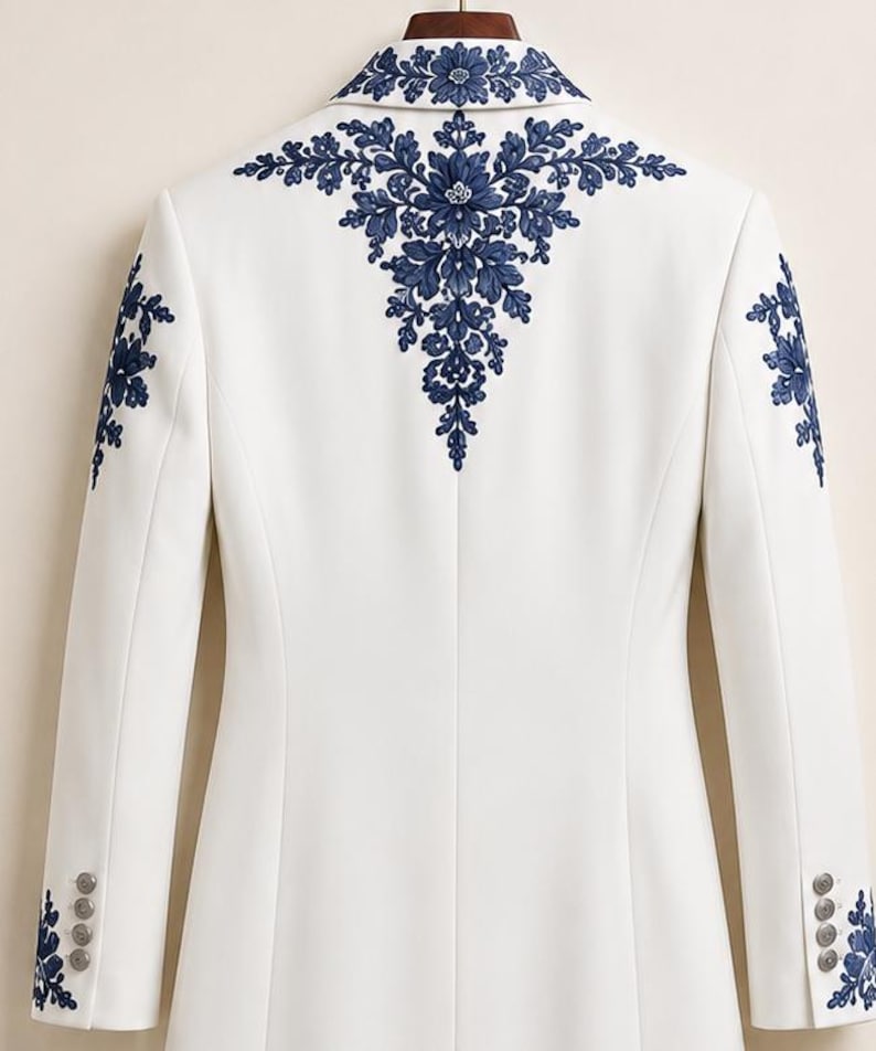 May include: A white blazer featuring intricate dark blue floral embroidery across the upper back, collar, and shoulders. The long-sleeved garment includes four small buttons on each cuff and a structured, tailored fit with a center back seam.